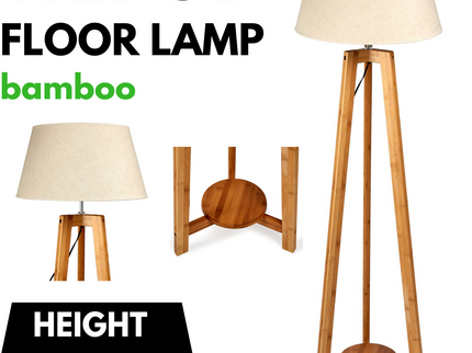 155cm Large Bamboo Wooden Tripod Floor Lamp with Beige Linen Light Shade.