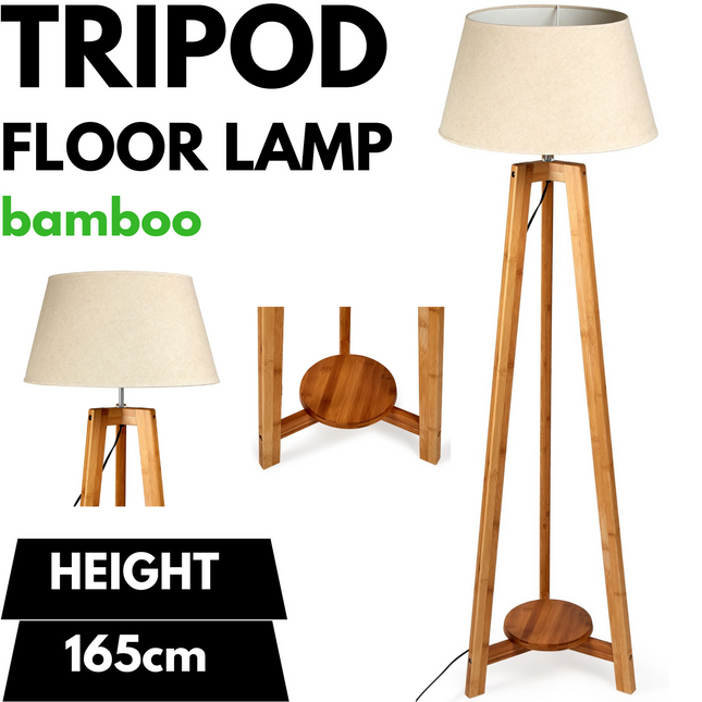 155cm Large Bamboo Wooden Tripod Floor Lamp with Beige Linen Light Shade.