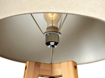 155cm Large Bamboo Wooden Tripod Floor Lamp with Beige Linen Light Shade.