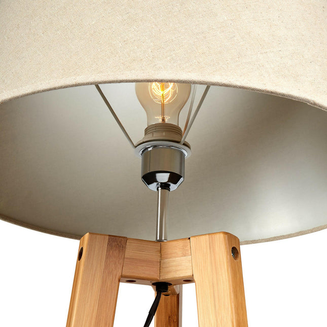 155cm Large Bamboo Wooden Tripod Floor Lamp with Beige Linen Light Shade.