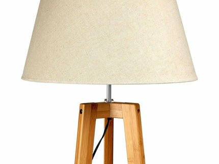 155cm Large Bamboo Wooden Tripod Floor Lamp with Beige Linen Light Shade.