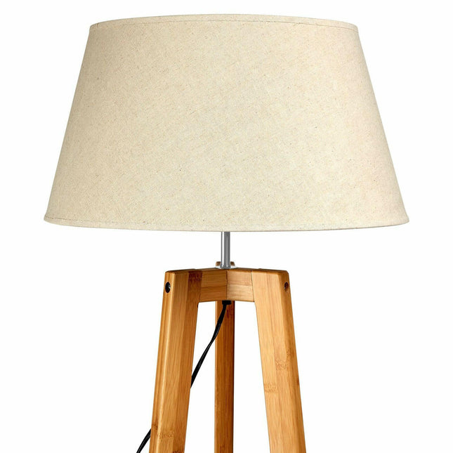 155cm Large Bamboo Wooden Tripod Floor Lamp with Beige Linen Light Shade.
