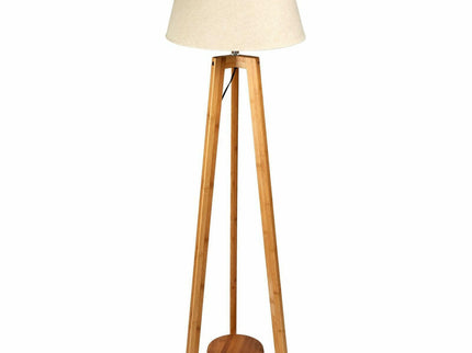 155cm Large Bamboo Wooden Tripod Floor Lamp with Beige Linen Light Shade.
