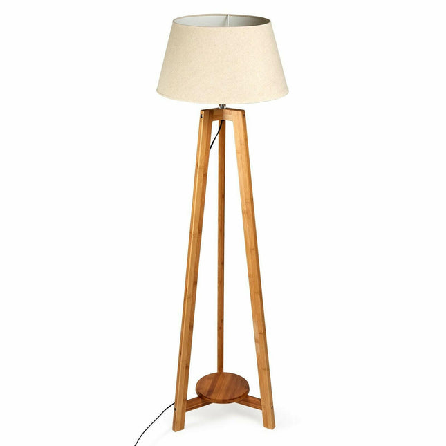 155cm Large Bamboo Wooden Tripod Floor Lamp with Beige Linen Light Shade.