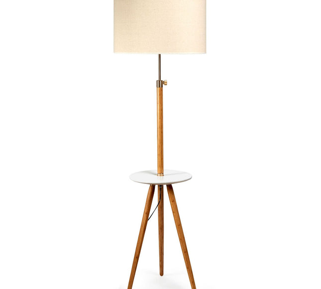 165cm Adjustable Bamboo Tripod Floor Lamp Light with Linen Shade & Built-In Table