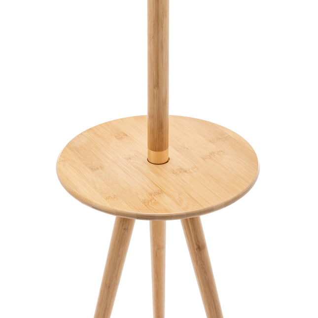 165cm Adjustable Bamboo Tripod Floor Lamp Light with Linen Shade & Built-In Table