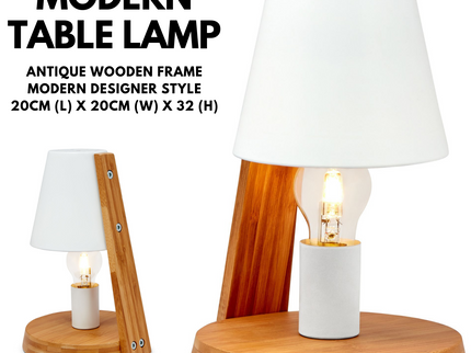 32cm Wooden Base Modern Desk Table Lamp Light Metal Shade Designer White.