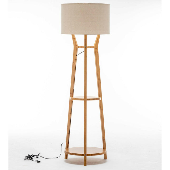 168cm Large Bamboo Wooden Tripod Floor Lamp Light Modern Linen Shade with Shelves.