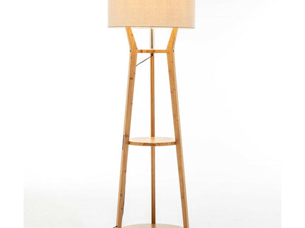 168cm Large Bamboo Wooden Tripod Floor Lamp Light Modern Linen Shade with Shelves.