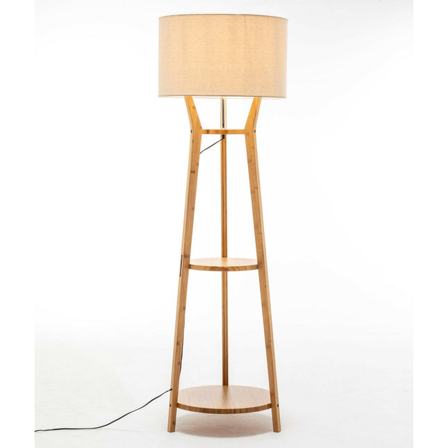 168cm Large Bamboo Wooden Tripod Floor Lamp Light Modern Linen Shade with Shelves.