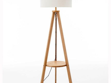 Natural Wooden Tripod Floor Lamp w/ Round Wood Shelf and Off White Linen Shade.