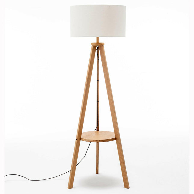 Natural Wooden Tripod Floor Lamp w/ Round Wood Shelf and Off White Linen Shade.