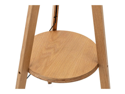 Natural Wooden Tripod Floor Lamp w/ Round Wood Shelf and Off White Linen Shade.