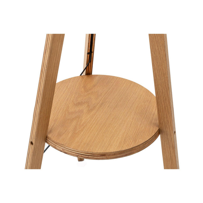 Natural Wooden Tripod Floor Lamp w/ Round Wood Shelf and Off White Linen Shade.