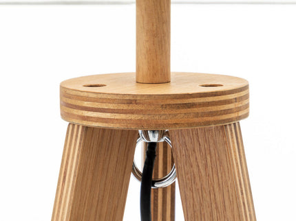 Natural Wooden Tripod Floor Lamp w/ Round Wood Shelf and Off White Linen Shade.
