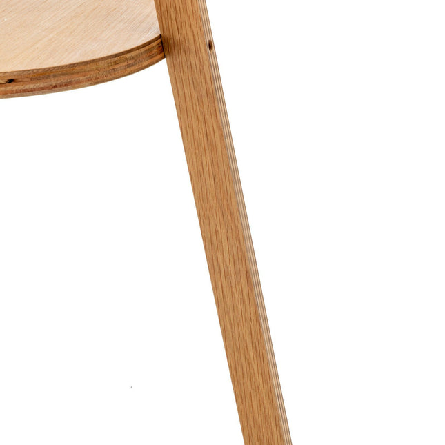 Natural Wooden Tripod Floor Lamp w/ Round Wood Shelf and Off White Linen Shade.