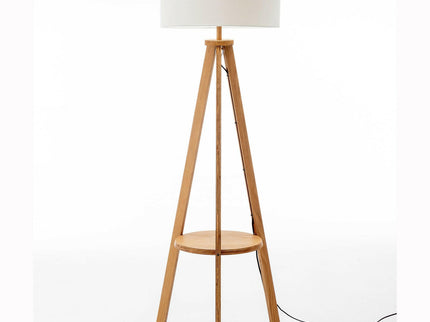 Natural Wooden Tripod Floor Lamp w/ Round Wood Shelf and Off White Linen Shade.