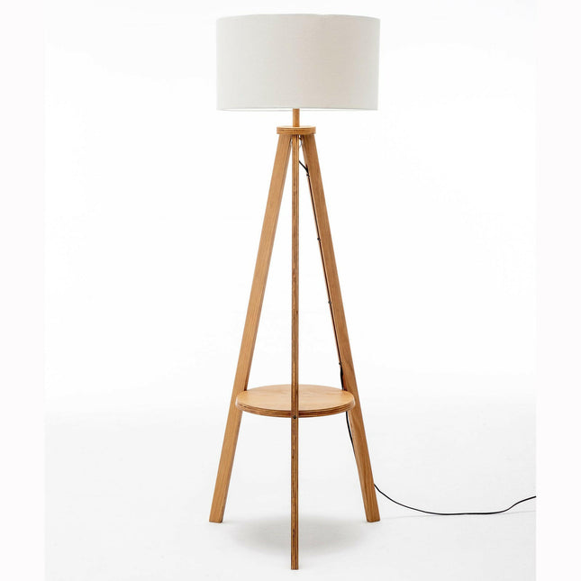 Natural Wooden Tripod Floor Lamp w/ Round Wood Shelf and Off White Linen Shade.
