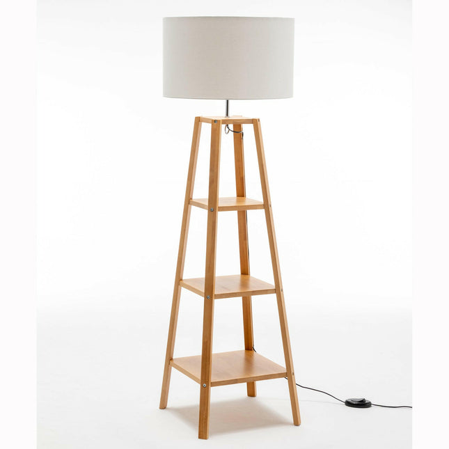 Eiffel 3 Tier Natural Wood Floor Lamp with Storage Shelves and Off White Linen Shade.