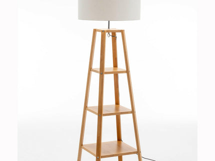 Eiffel 3 Tier Natural Wood Floor Lamp with Storage Shelves and Off White Linen Shade.