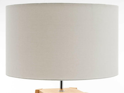 Eiffel 3 Tier Natural Wood Floor Lamp with Storage Shelves and Off White Linen Shade.