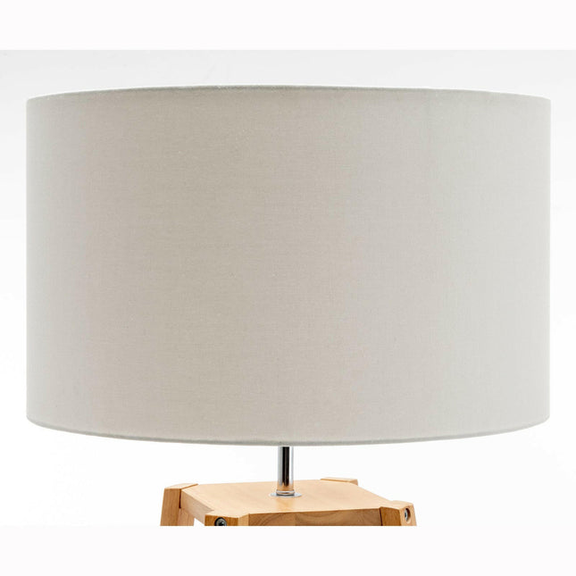 Eiffel 3 Tier Natural Wood Floor Lamp with Storage Shelves and Off White Linen Shade.