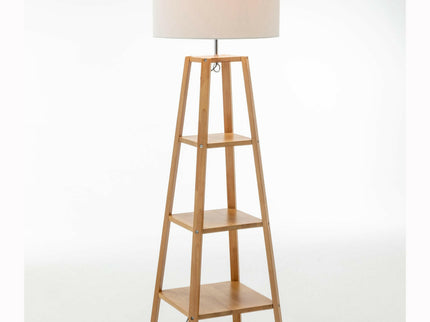 Eiffel 3 Tier Natural Wood Floor Lamp with Storage Shelves and Off White Linen Shade.