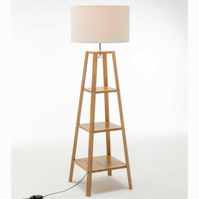 Eiffel 3 Tier Natural Wood Floor Lamp with Storage Shelves and Off White Linen Shade.