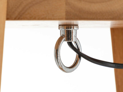 Eiffel 3 Tier Natural Wood Floor Lamp with Storage Shelves and Off White Linen Shade.