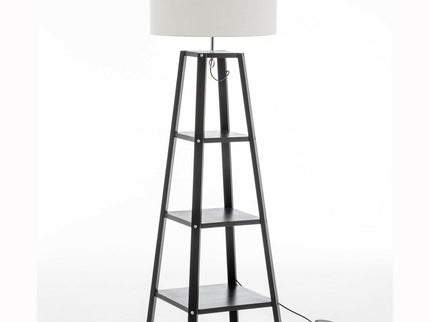 Eiffel 3 Tier Natural Wood Floor Lamp with Storage Shelves and Off White Linen Shade.