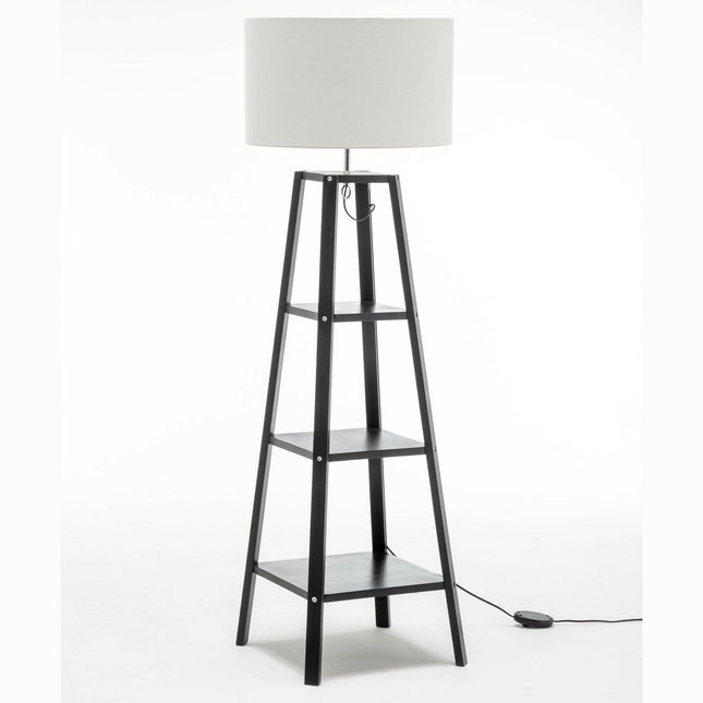 Eiffel 3 Tier Natural Wood Floor Lamp with Storage Shelves and Off White Linen Shade.