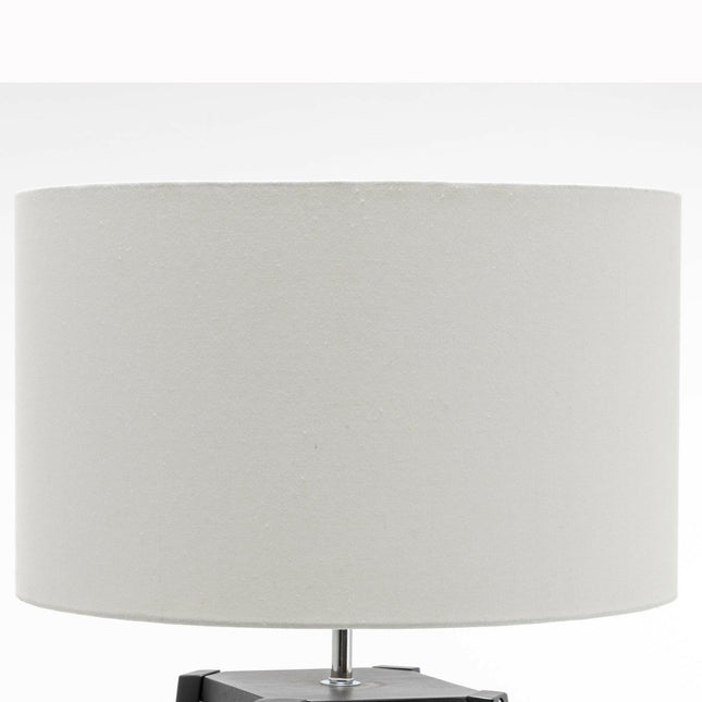 Eiffel 3 Tier Natural Wood Floor Lamp with Storage Shelves and Off White Linen Shade.
