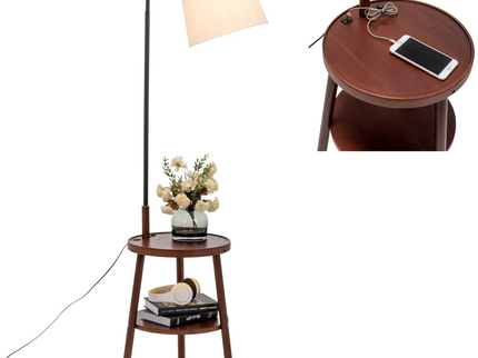 Naples Tripod Floor Lamp Shelf Storage Drawer Bed Side Table Light w/ USB Charger