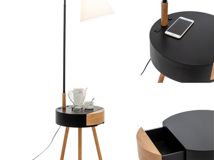 Florence Tripod Lamp Shelf Storage Drawer Bed Side Table Light w/ USB Charger