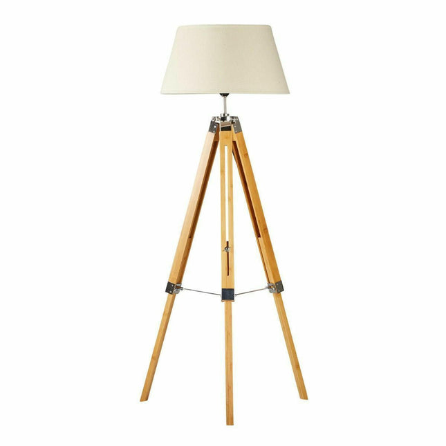 Large Tripod Floor Lamp Linen Shade Modern Light Bamboo Vintage Wooden Retro.