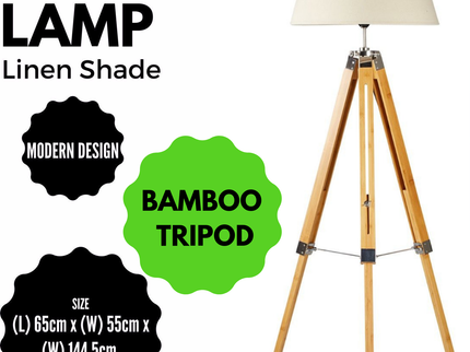 Large Tripod Floor Lamp Linen Shade Modern Light Bamboo Vintage Wooden Retro.
