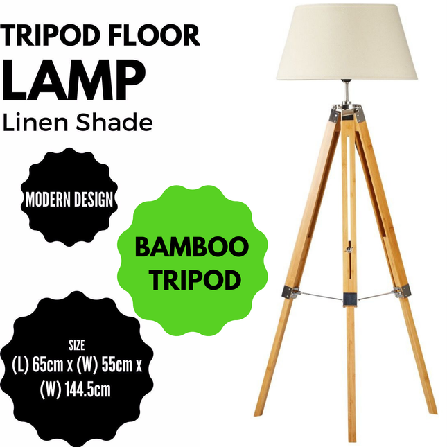 Large Tripod Floor Lamp Linen Shade Modern Light Bamboo Vintage Wooden Retro.