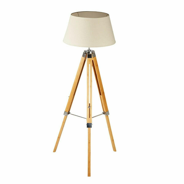 Large Tripod Floor Lamp Linen Shade Modern Light Bamboo Vintage Wooden Retro.