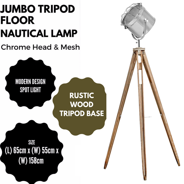 Nautical Tripod Floor Lamp Search Light Modern Chrome Head with Mesh.