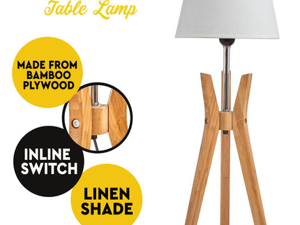 Bamboo Tripod Table Lamp Desk Modern Rustic Geo Light with Linen Shade.