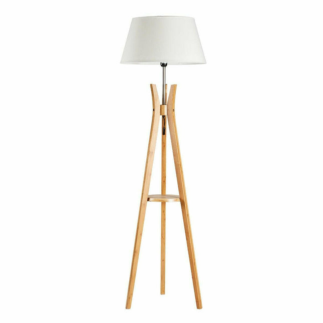 Large Bamboo Tripod Floor Lamp Linen Shade Modern Vintage Wooden Scandi.