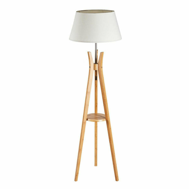 Large Bamboo Tripod Floor Lamp Linen Shade Modern Vintage Wooden Scandi.