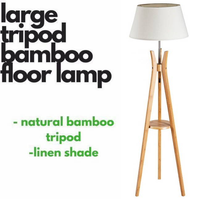 Large Bamboo Tripod Floor Lamp Linen Shade Modern Vintage Wooden Scandi.