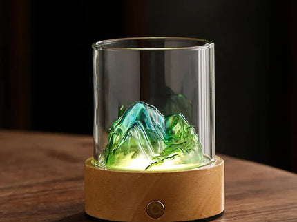 Green-blue LED Glass Night Light with Mountain Design, USB Rechargeable