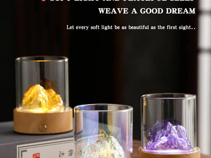 Gold LED Glass Night Light with Mountain Design, USB Rechargeable