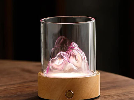 Pink LED Glass Night Light with Mountain Design, USB Rechargeable