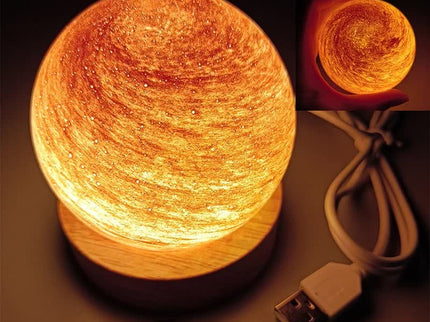 Morning Glow LED Planet Night Light with Wooden Base, USB Rechargeable