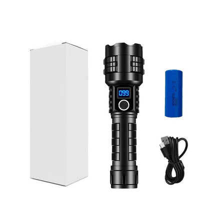 Carton Box LED Self-Defense Flashlight – Rechargeable Type-C Torch with Digital Display for Home Outdoor Use.