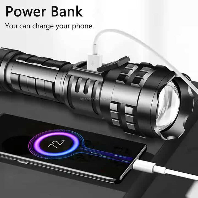 Carton Box LED Self-Defense Flashlight – Rechargeable Type-C Torch with Digital Display for Home Outdoor Use.