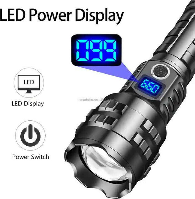 Carton Box LED Self-Defense Flashlight – Rechargeable Type-C Torch with Digital Display for Home Outdoor Use.